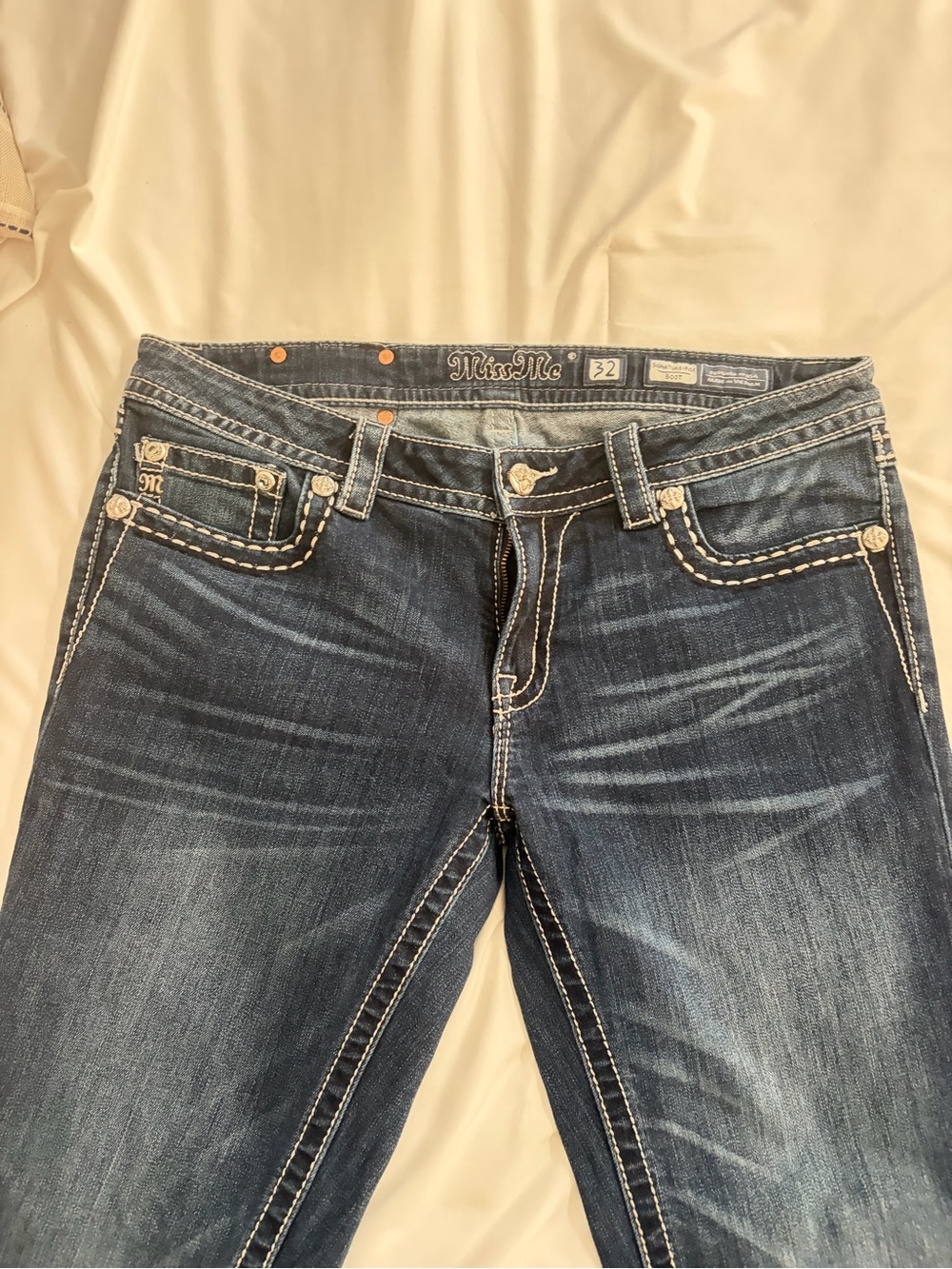 Miss Me Boot Cut Jeans in Dark Blue Wash with Contrast Stitching